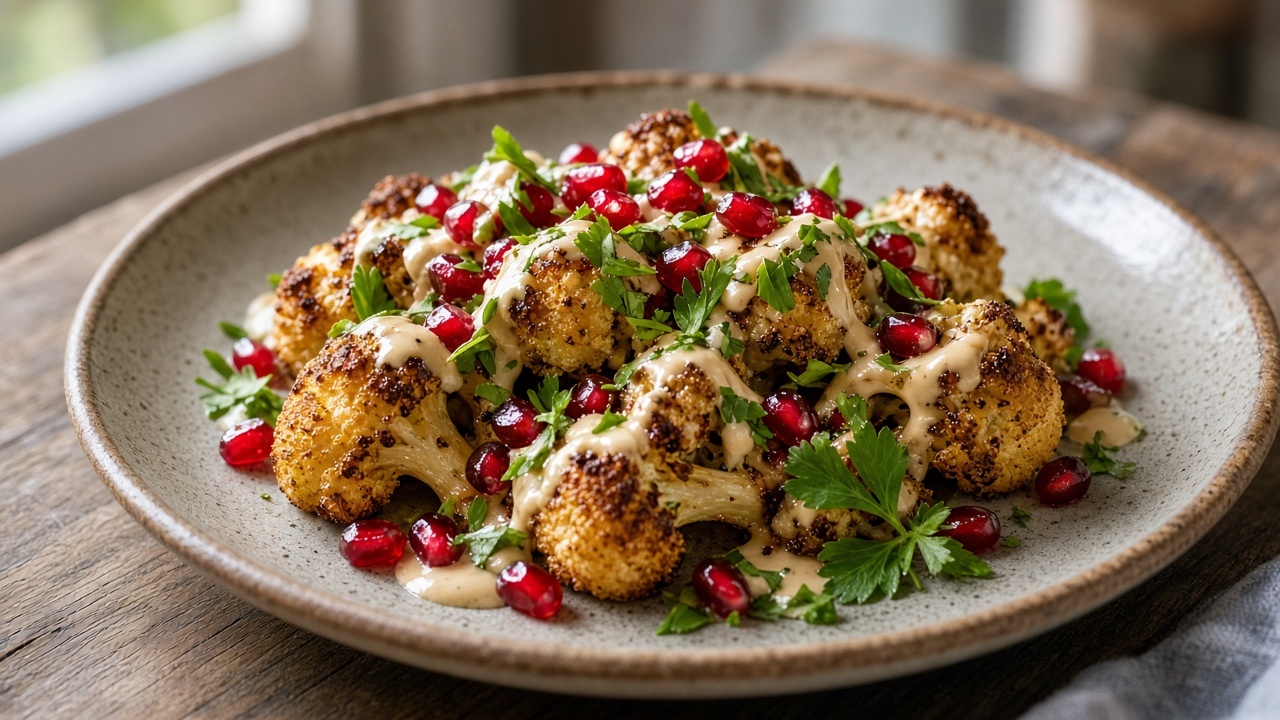 Rostad blomkål med tahini, granatäpple och persilja