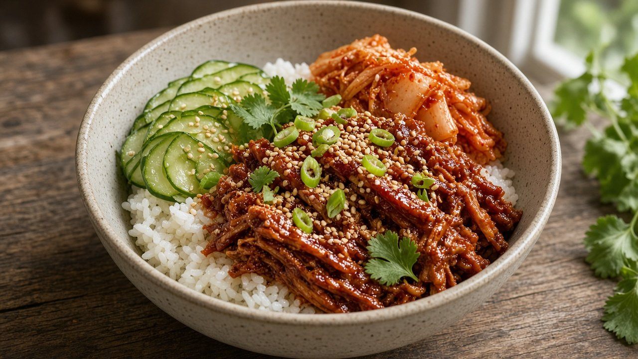 Gochujang pulled pork med ris och snabbpicklad gurka