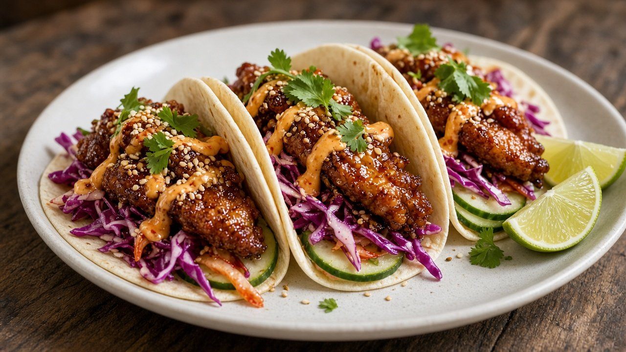Asiatiska kycklingtacos med kimchislaw och srirachakräm