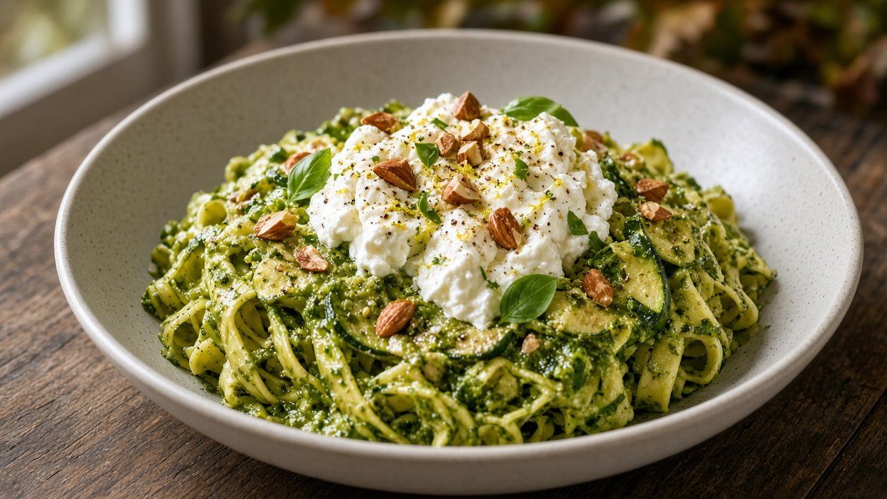 Zucchinipasta med jalapeñopesto och burrata