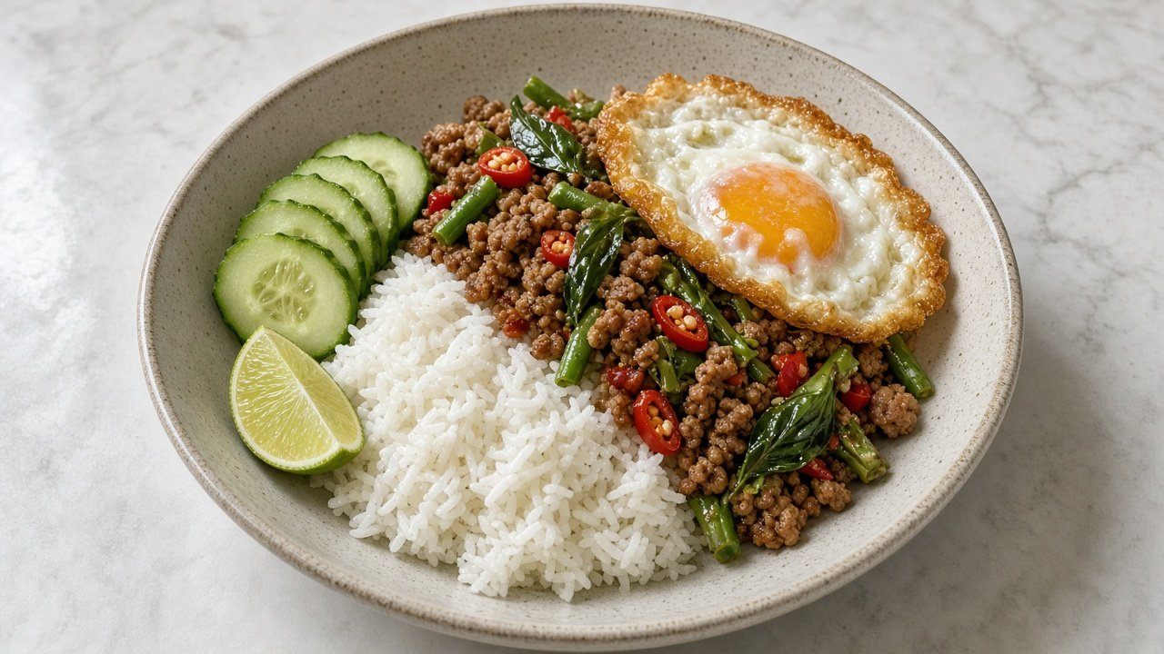 Pad kra pao med fläskfärs och kokosris