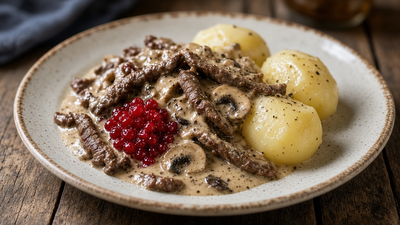 Renskav med gräddsås, svamp och potatis