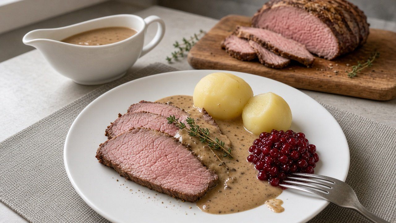 Älgstek med gräddsås, lingon och potatis