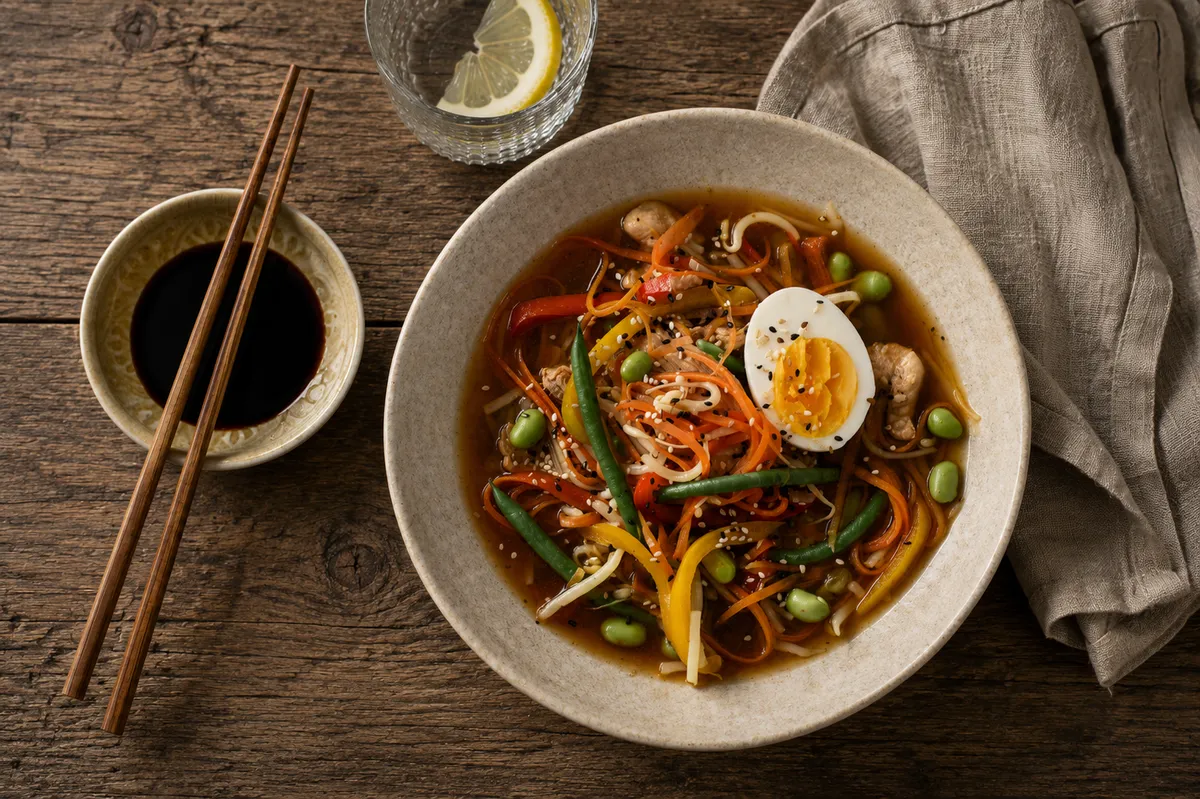 Ramensoppa med kyckling, nudlar, ägg och grönsaker